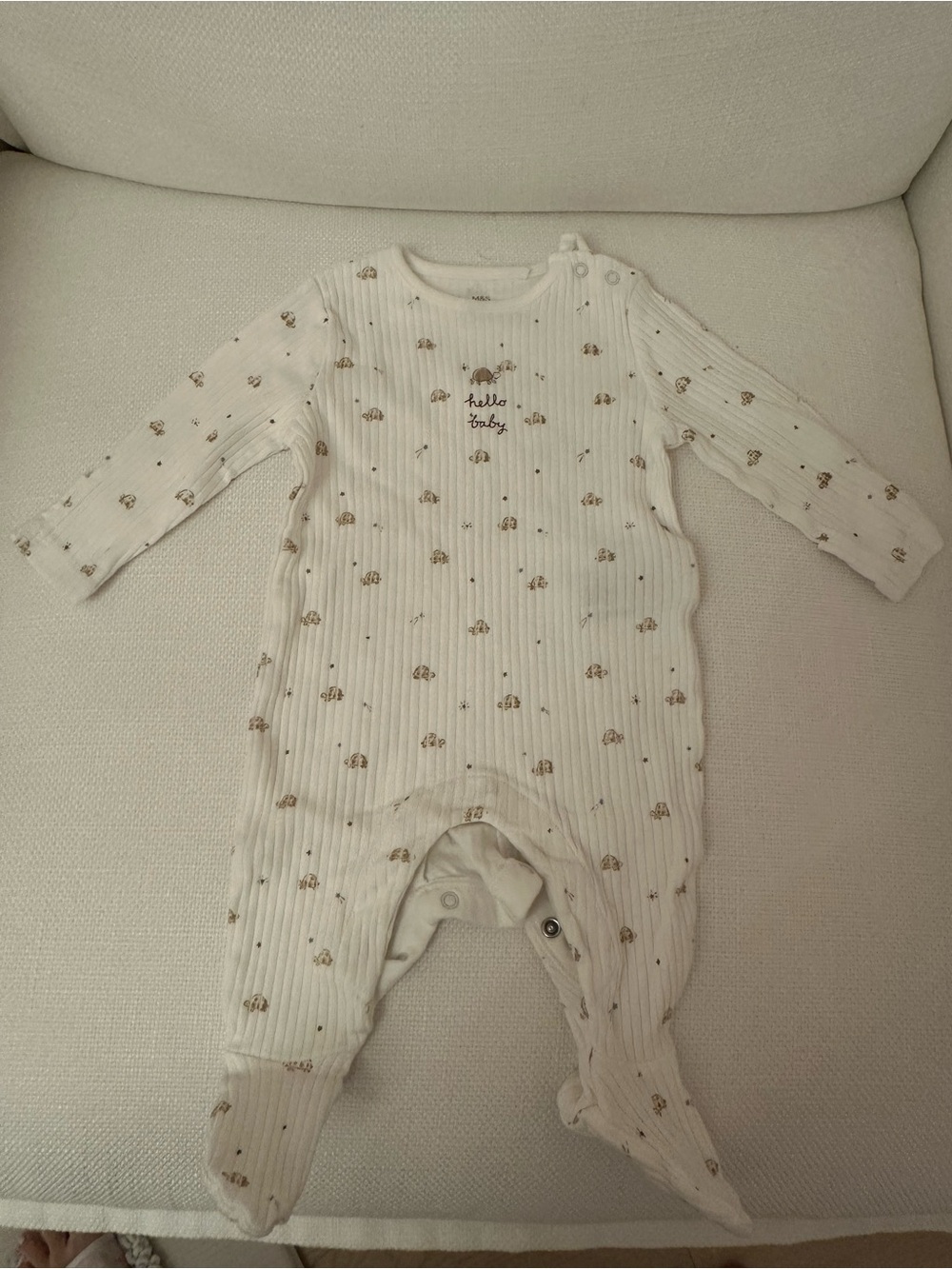 M&S Ultra soft Neutral Cream Footed One-Piece Snap Romper turtle print